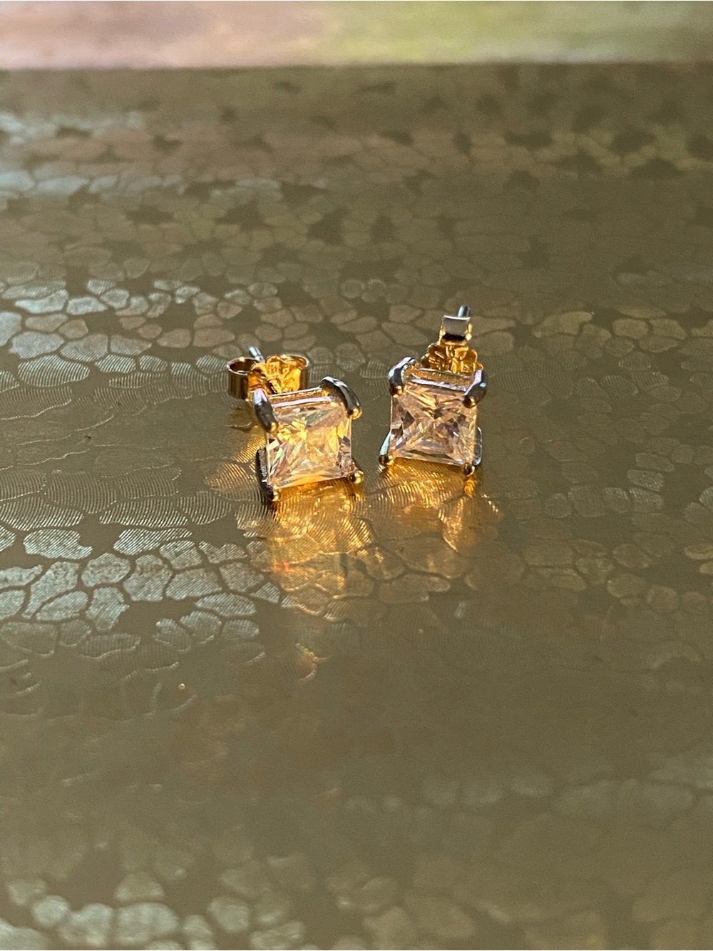 New Gold Princess Cut CZ Stud Earrings - Gold plated